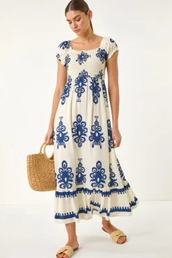Roman Navy Bardot Shirred Maxi Dress