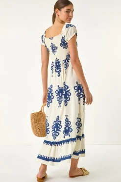 Roman Navy Bardot Shirred Maxi Dress