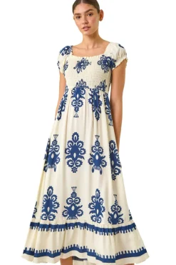 Roman Navy Bardot Shirred Maxi Dress