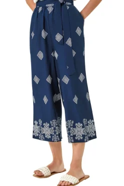 Roman Navy Border Print Belted Trouser