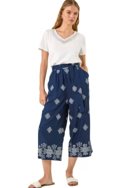 Roman Navy Border Print Belted Trouser