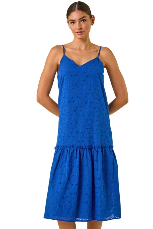 Roman Navy Broderie Frill Tiered Midi Dress