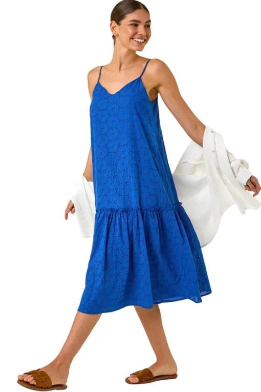 Roman Navy Broderie Frill Tiered Midi Dress