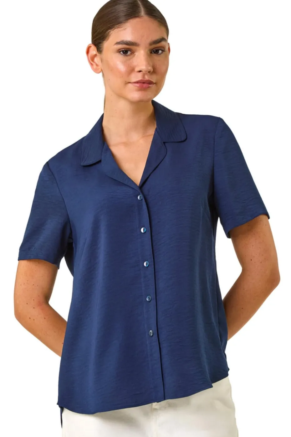 Roman Navy Collared Short Sleeve Blouse