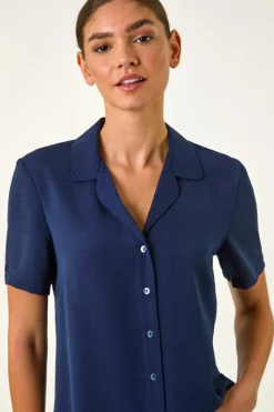 Roman Navy Collared Short Sleeve Blouse