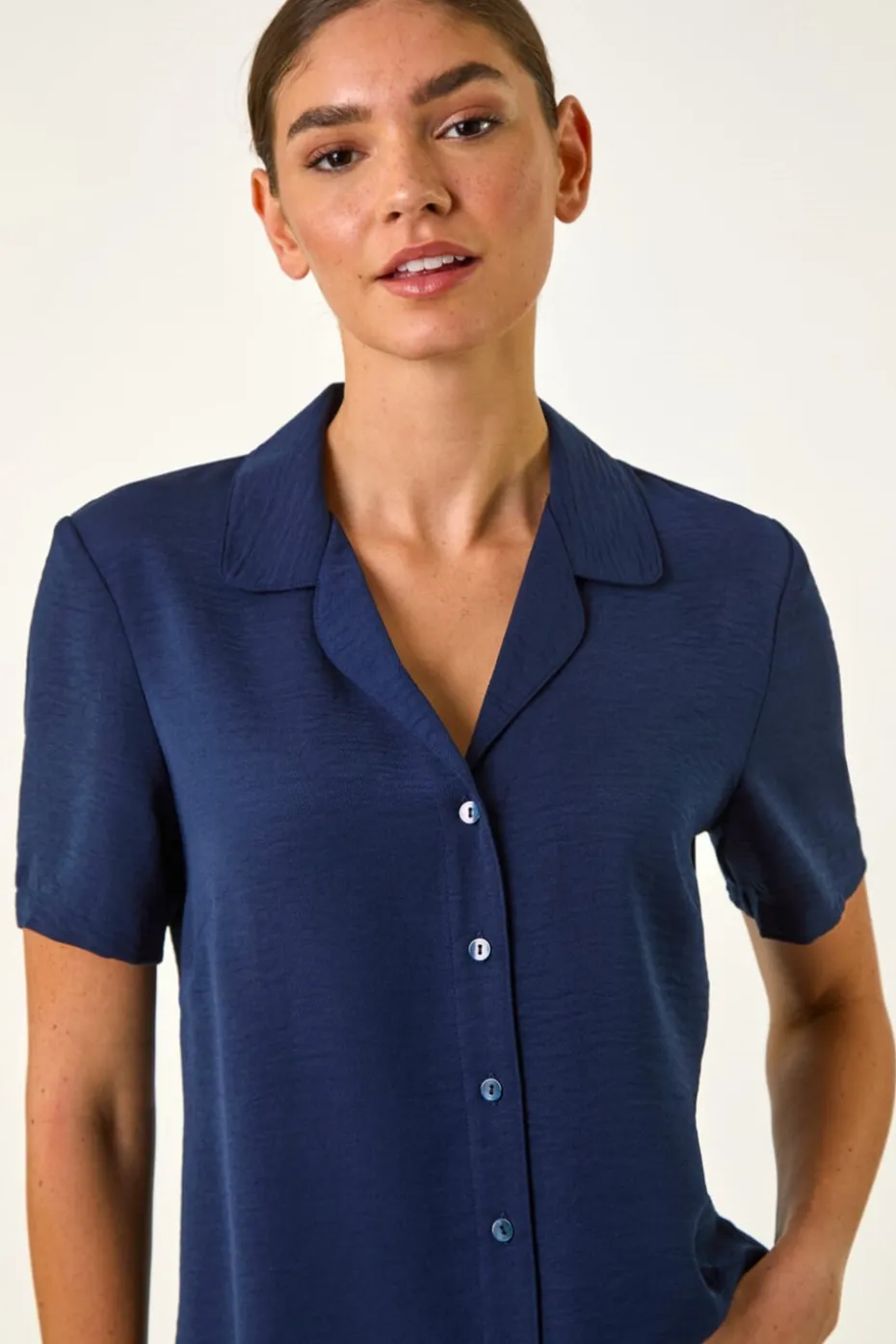 Roman Navy Collared Short Sleeve Blouse