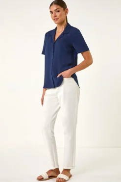 Roman Navy Collared Short Sleeve Blouse