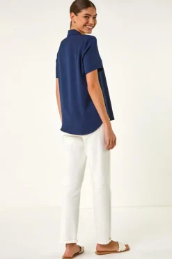 Roman Navy Collared Short Sleeve Blouse
