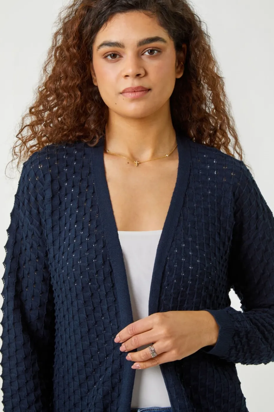 Roman Navy Cotton Blend Waffle Knit Cardigan