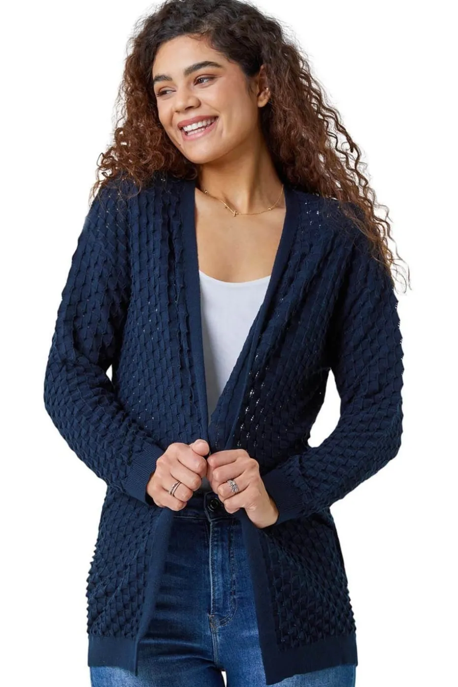 Roman Navy Cotton Blend Waffle Knit Cardigan