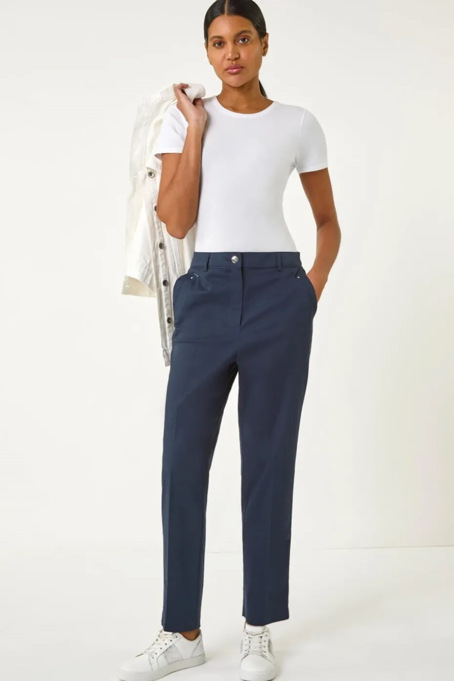 Roman Navy Cotton Full Length Stretch Trouser