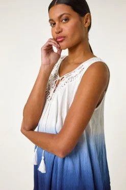 Roman Navy Cotton Lace Detail Ombre Vest Top