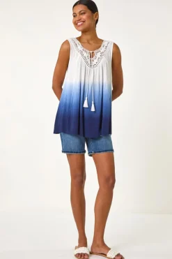 Roman Navy Cotton Lace Detail Ombre Vest Top