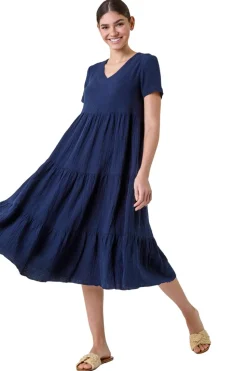 Roman Navy Cotton Textured Tiered Midi Dress
