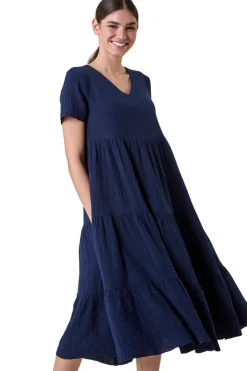 Roman Navy Cotton Textured Tiered Midi Dress