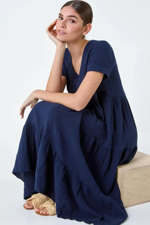 Roman Navy Cotton Textured Tiered Midi Dress