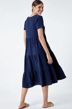 Roman Navy Cotton Textured Tiered Midi Dress