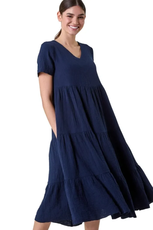 Roman Navy Cotton Textured Tiered Midi Dress