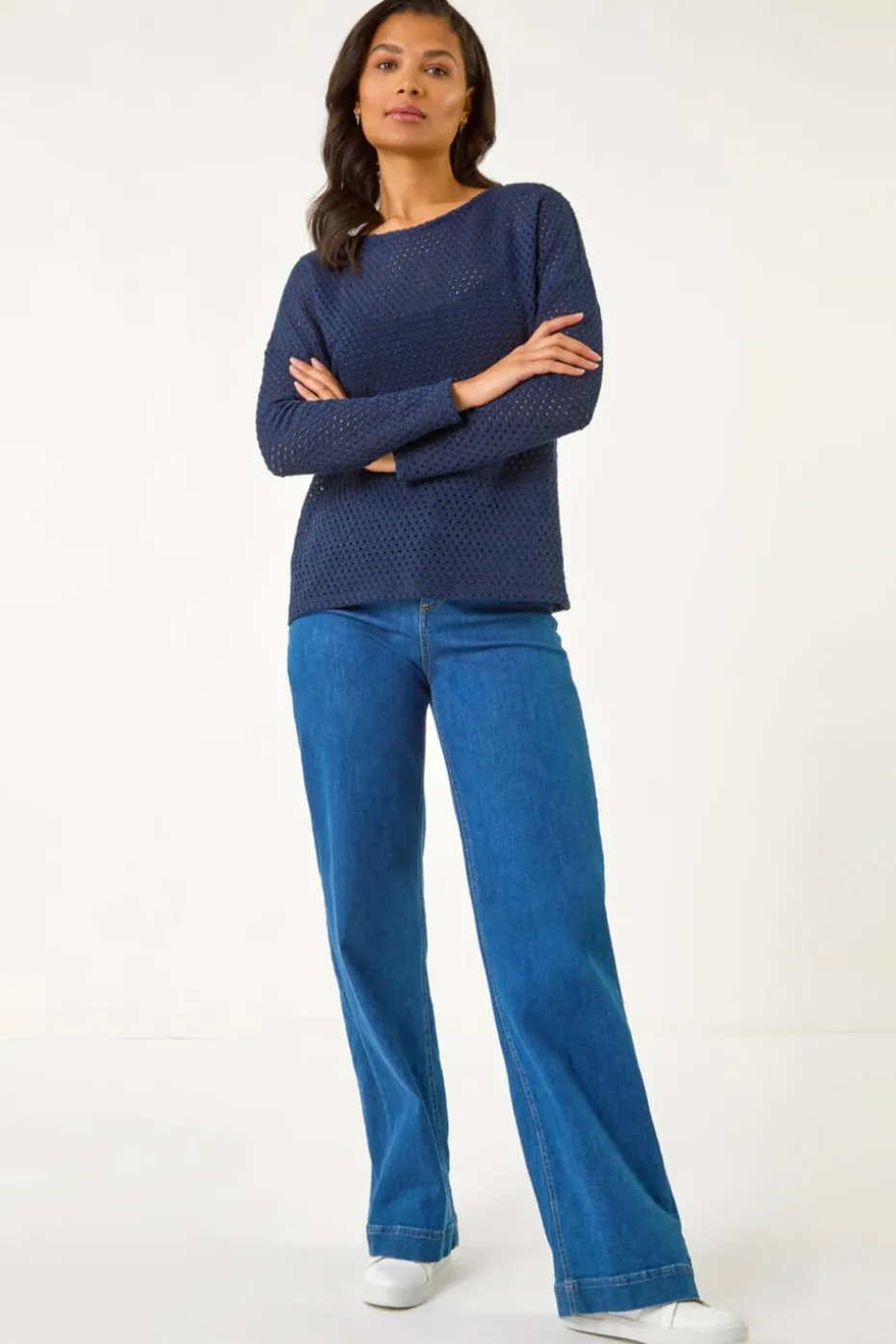 Roman Navy Crochet Cotton Jersey Top