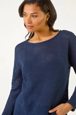 Roman Navy Crochet Cotton Jersey Top