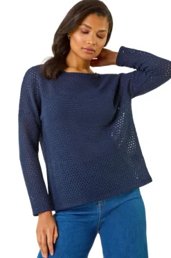 Roman Navy Crochet Cotton Jersey Top