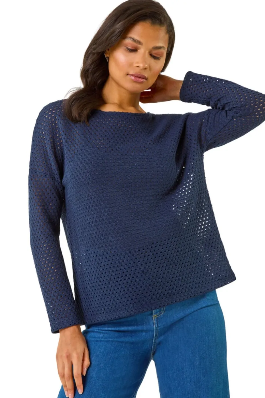 Roman Navy Crochet Cotton Jersey Top