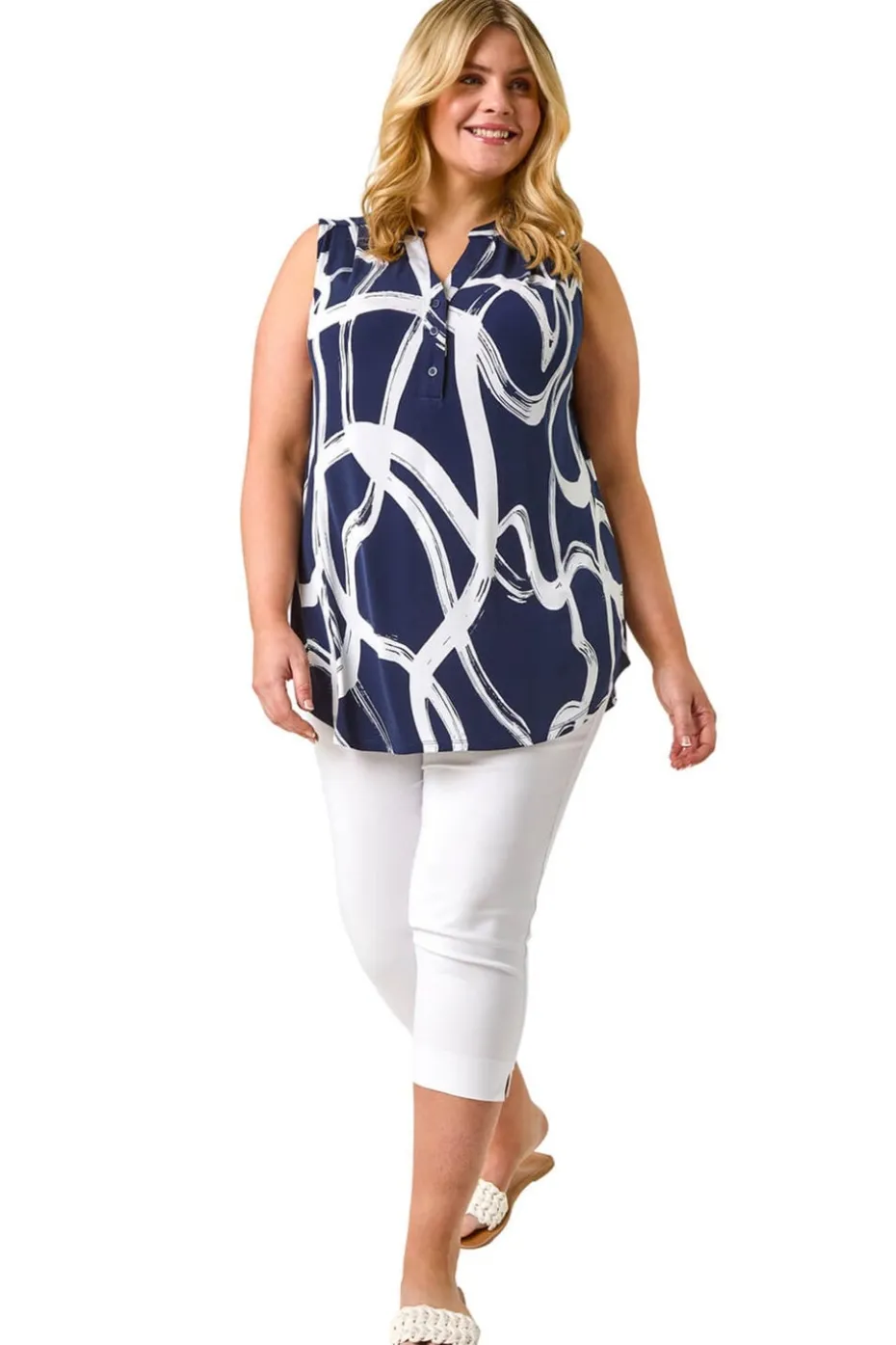 Roman Navy Curve Abstract Print Vest Top