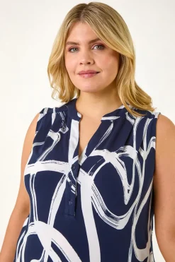 Roman Navy Curve Abstract Print Vest Top