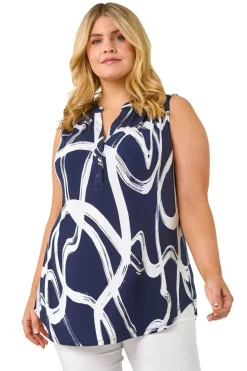 Roman Navy Curve Abstract Print Vest Top