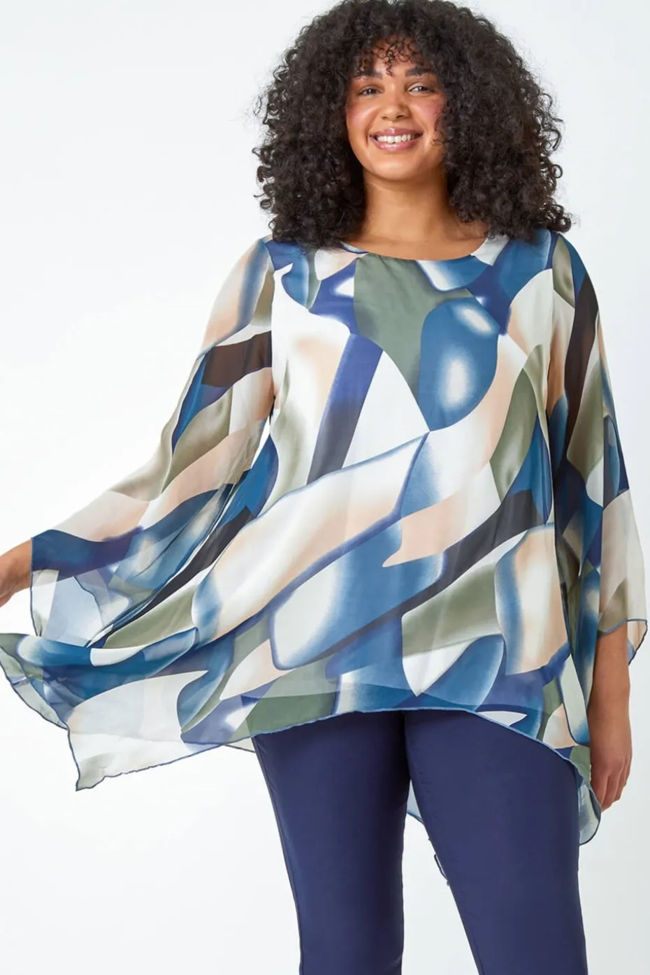 Roman Navy Curve Abstract Chiffon Overlay Top