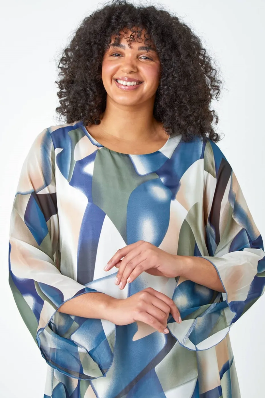 Roman Navy Curve Abstract Chiffon Overlay Top