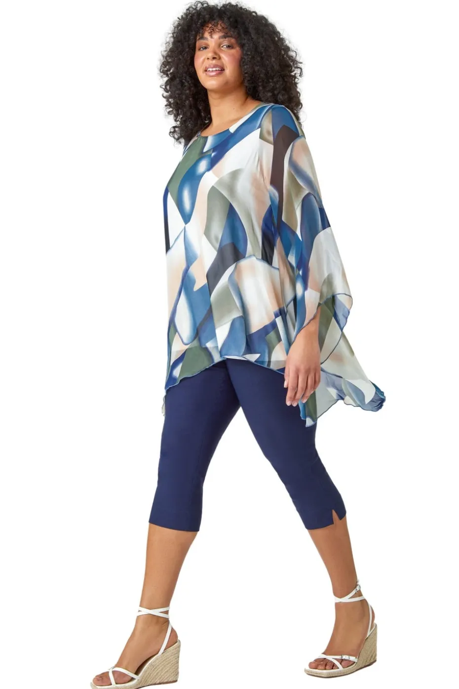 Roman Navy Curve Abstract Chiffon Overlay Top