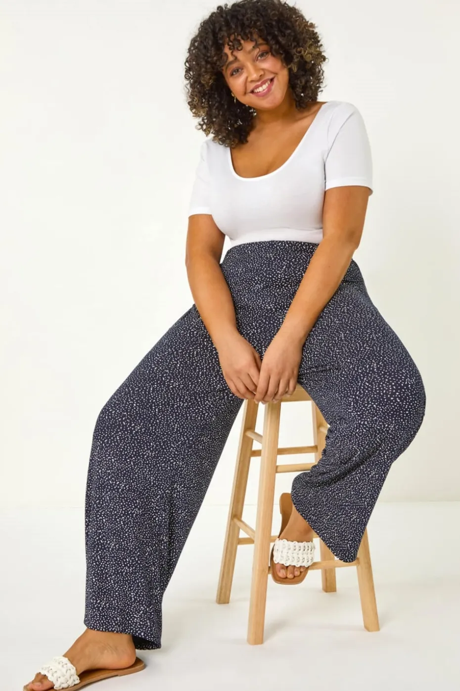 Roman Navy Curve Abstract Spot Print Palazzo Trouser