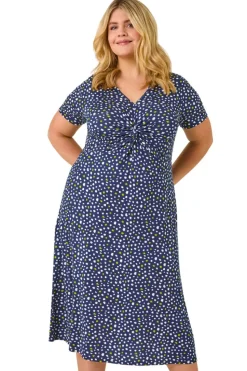 Roman Navy Curve Abstract Twist Front Stretch Midi Dress