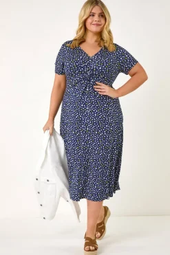 Roman Navy Curve Abstract Twist Front Stretch Midi Dress
