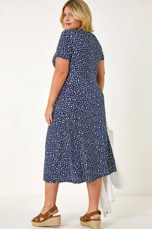 Roman Navy Curve Abstract Twist Front Stretch Midi Dress