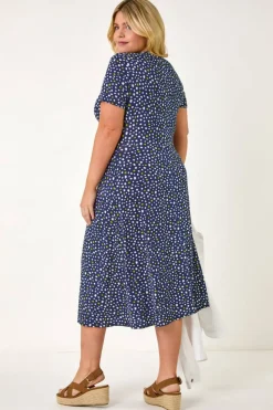 Roman Navy Curve Abstract Twist Front Stretch Midi Dress