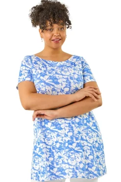 Roman Navy Curve Bardot Floral Stretch Top
