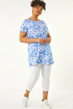 Roman Navy Curve Bardot Floral Stretch Top
