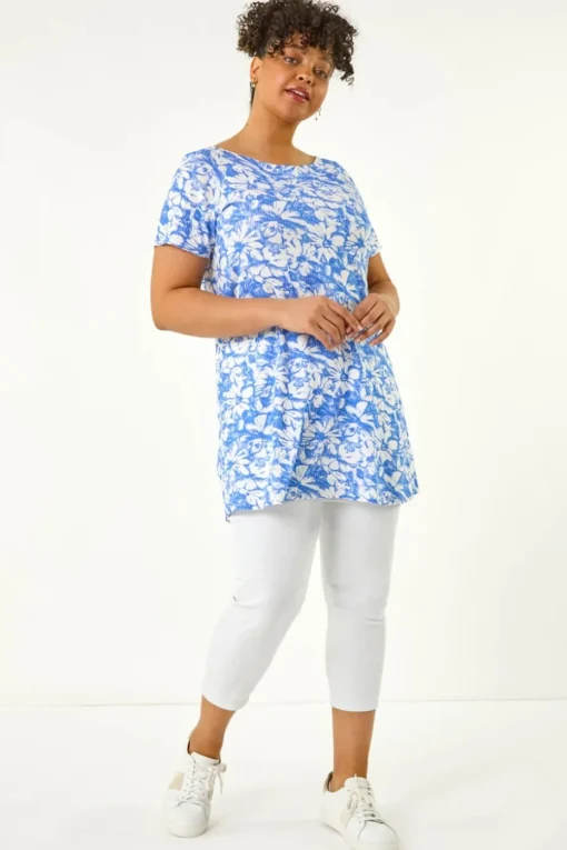 Roman Navy Curve Bardot Floral Stretch Top