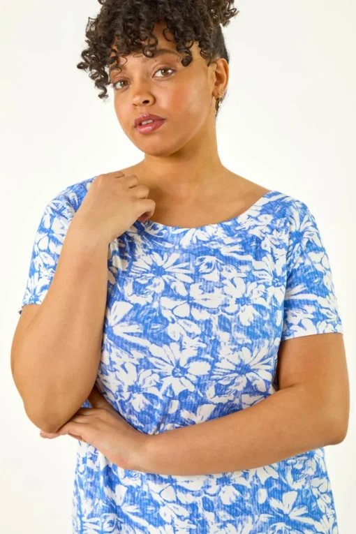 Roman Navy Curve Bardot Floral Stretch Top