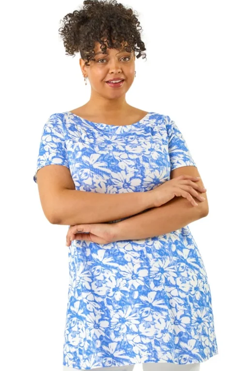 Roman Navy Curve Bardot Floral Stretch Top