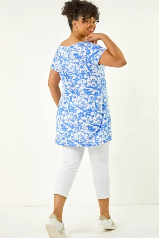 Roman Navy Curve Bardot Floral Stretch Top