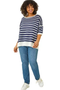 Roman Navy Curve Crochet Stripe Knit Top