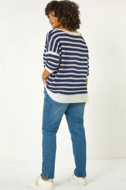 Roman Navy Curve Crochet Stripe Knit Top
