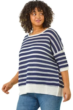 Roman Navy Curve Crochet Stripe Knit Top