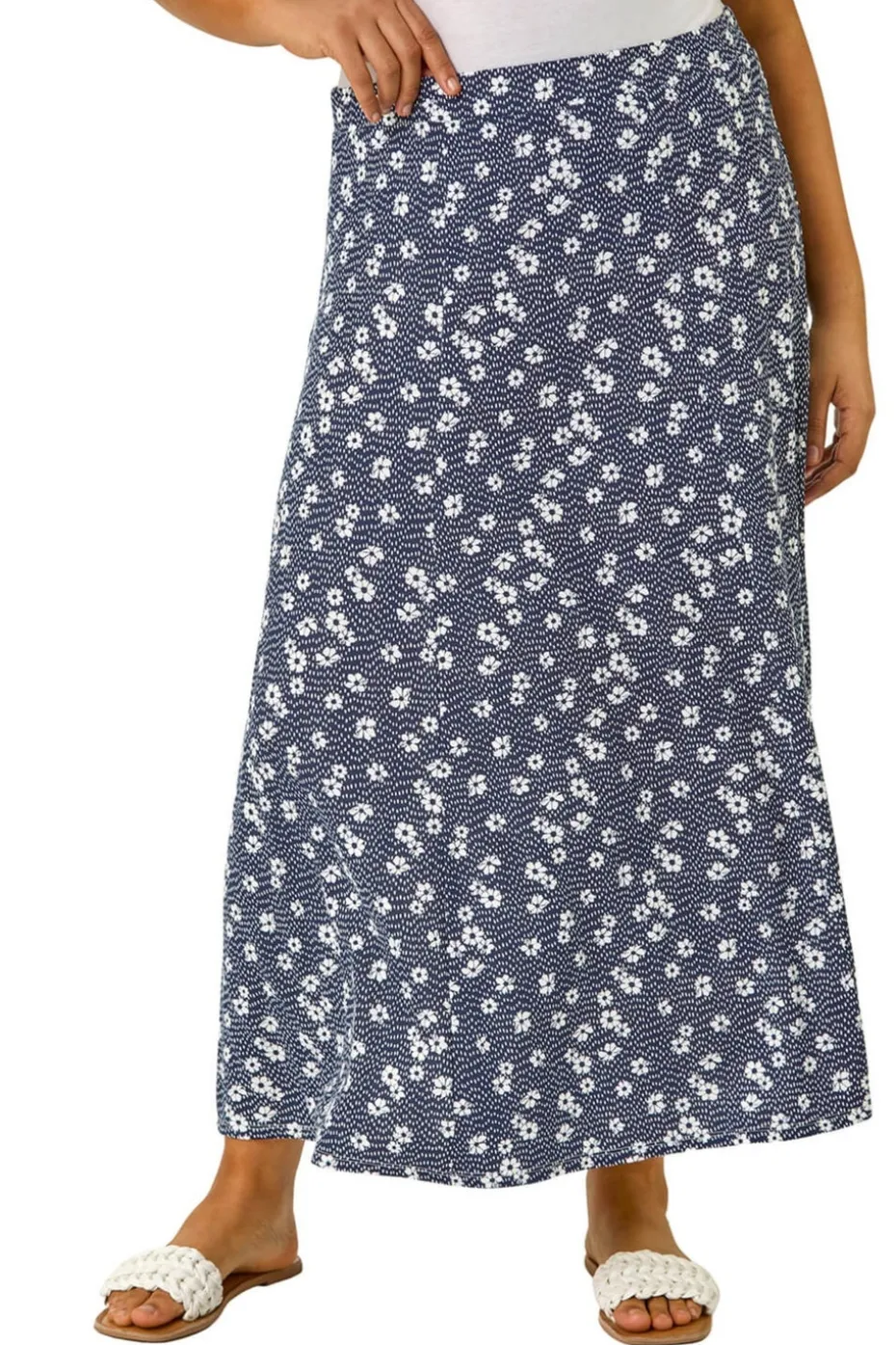 Roman Navy Curve Daisy Print Midi Skirt