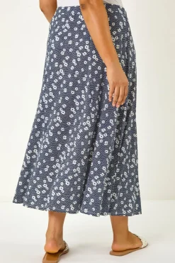 Roman Navy Curve Daisy Print Midi Skirt