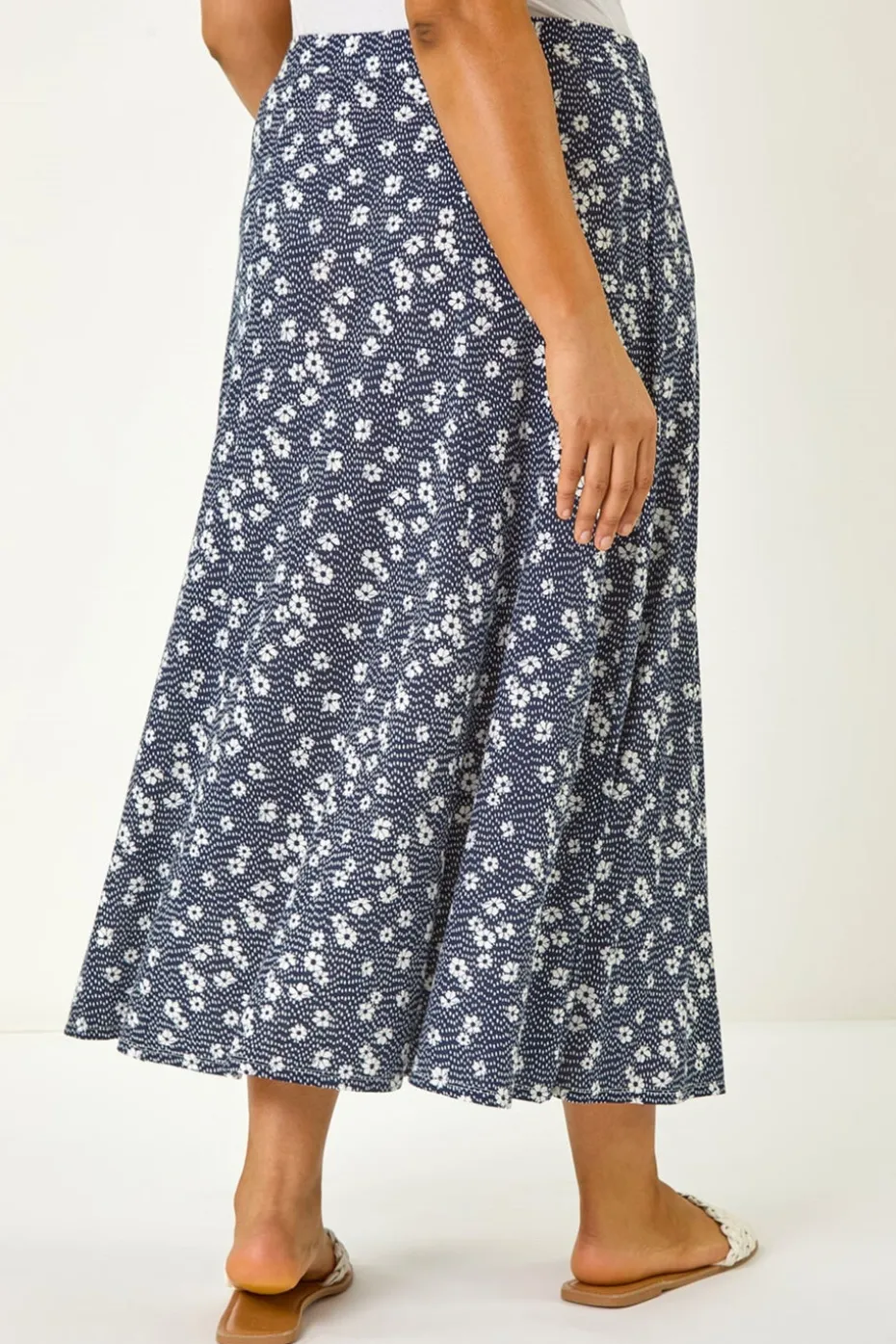 Roman Navy Curve Daisy Print Midi Skirt