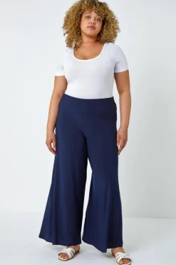 Roman Navy Curve Elastic Waist Wide Leg Trousers